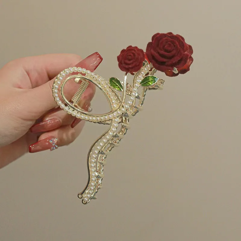 Retro New Rhinestone Rose Grasp Clip Women\'s Ponytail Shark Clip Hair Claw Hair Clip Elegant Girl Fashion Hair Accessories