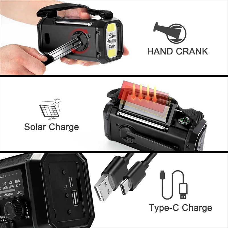 FFYY-Emergency Weather Radio FM/AM/WB,Portable Hand Crank Radio,Flashlight ,Solar Powered 10000Mah For Outdoor Camping