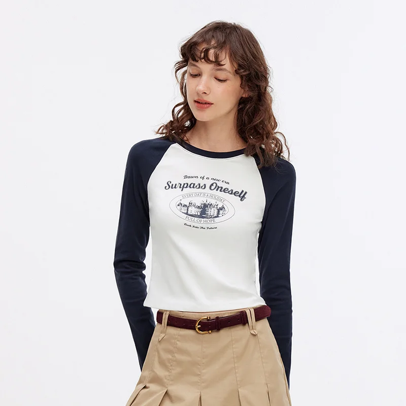 

Semir Long Sleeve T-Shirt Women Cropped Raglan Sleeve Slim Fit 2025 Autumn New American Letter Print Top