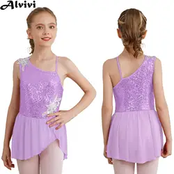 Children Girls Figure Skating Dress Ballet Dance Gymnastics Acrobatics Costume Sleeveless Shiny Sequins Leotard Tutu Dancewear