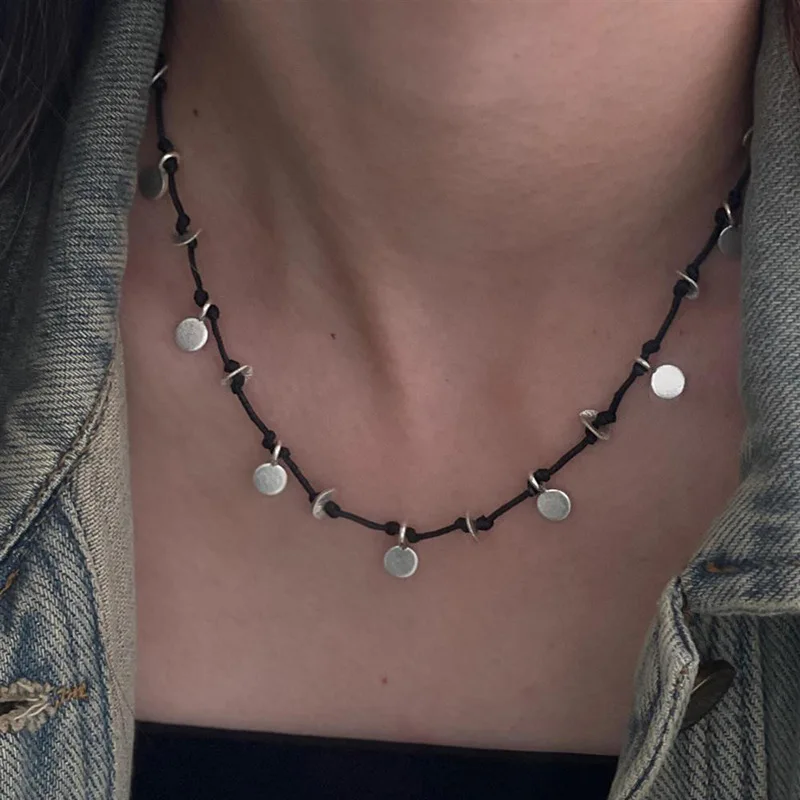 Minimally Laziness trendy punk frosted small circular pendant with black braided rope collares chain necklace party jewelry gift