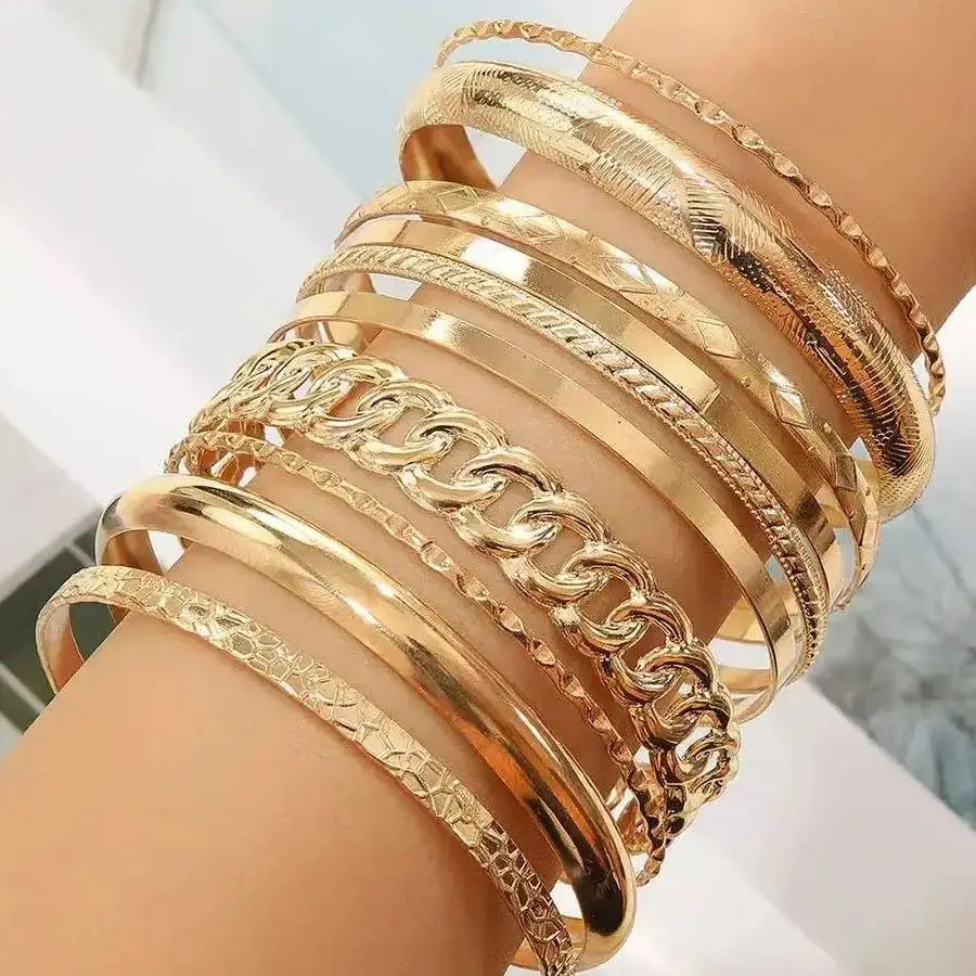 10pcs/set Metal Bangles Set For Women Heavy Punk New Styles Hiphop Textured Fashion Bracelets Jewelry Accessories