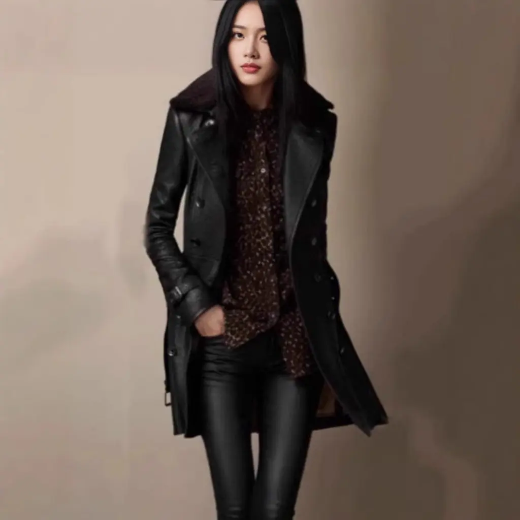 เสื้อแจ็คเก็ตหนังผู้หญิงสไตล์อังกฤษ คอขนหนานุ่ม ความยาวปานกลาง สไตล์นักขี่มอเตอร์ไซค์ แฟชั่น