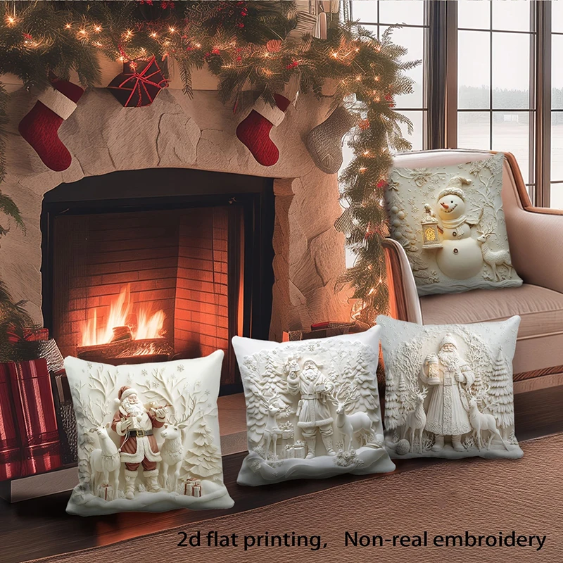Christmas Santa Snowman 2D Printed Throw Pillow Covers, Xmas Decorative Cushion Cases for Home Sofa