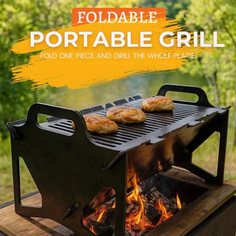 Barbacoa plegable para acampar al aire libre, parrilla de barbacoa de carbón portátil de acero inoxidable, herramientas para acampar al aire libre duraderas con asas