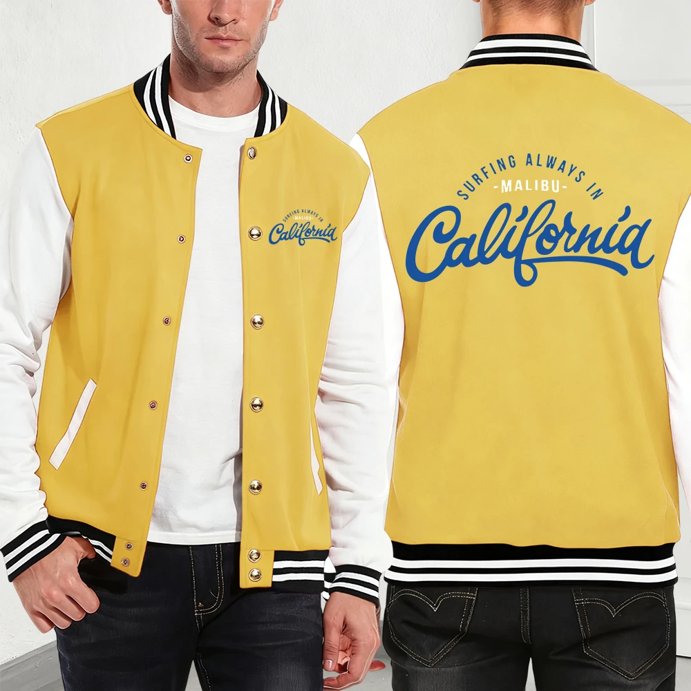 

Surfing Always In California Prints Cotton Baseball Jersey Men Winter Thermal Coats Casual Pocket Jackets Fashion Male Clothes