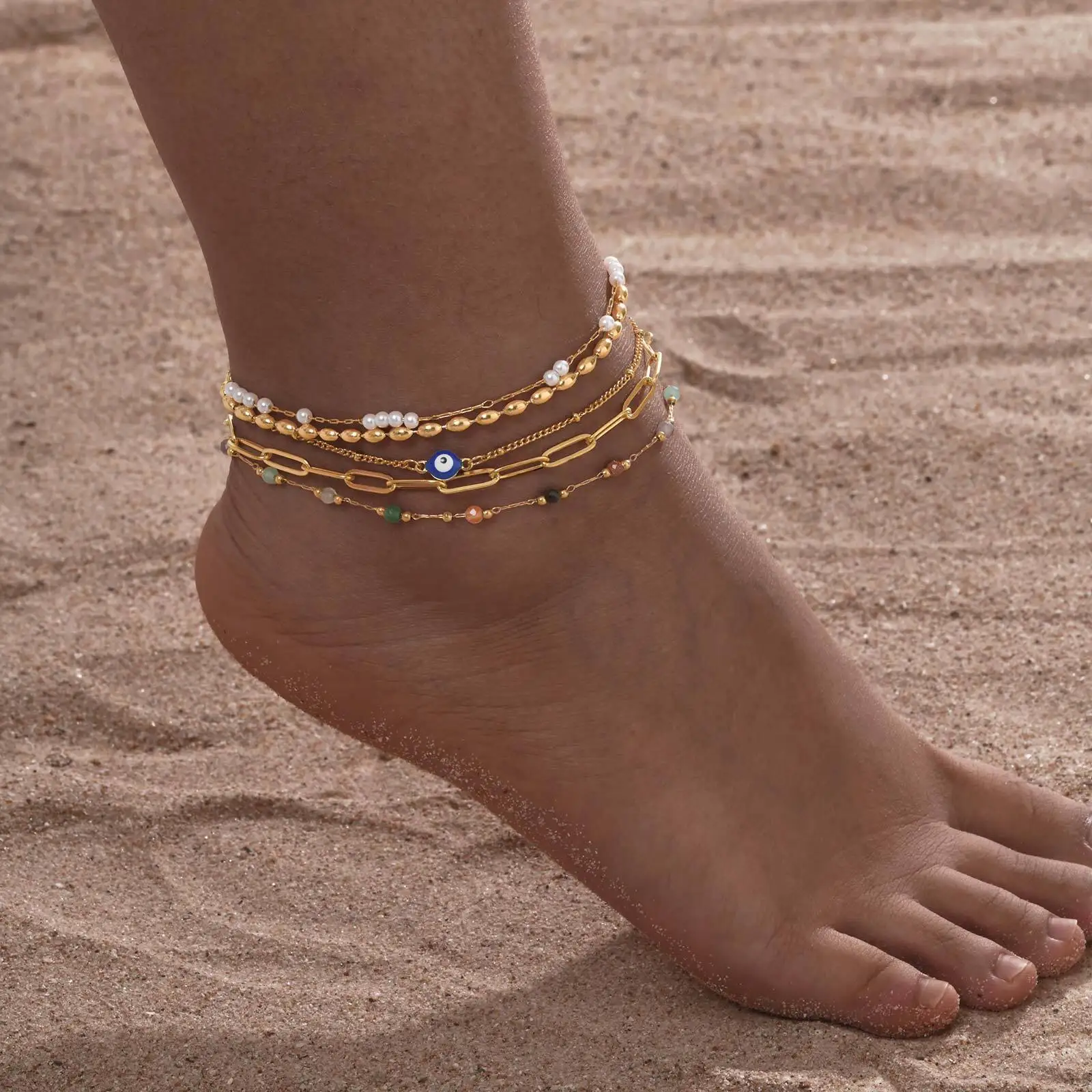 Waterproof Pearls Beaded Paperclip Evil Eye Anklet Bracelet,Gold Plated Stainless Steel Link Chain Anklets,Summer Beach Jewelry