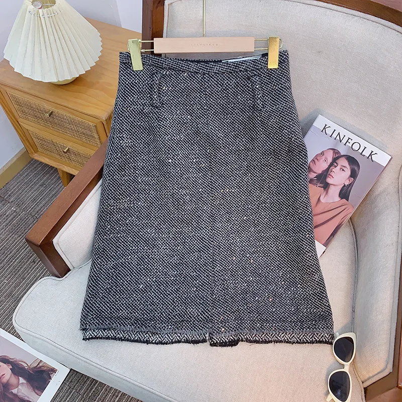 

smer Double Layer Frayed Tweed f Skirt with Ba Split Warm Woolen Women's mid Waist H pe a Line Skirt