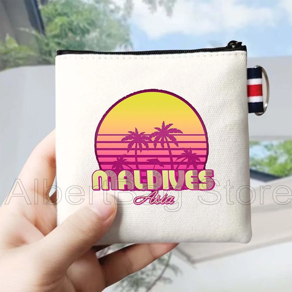 Summer Beach Holiday Maldives Maldivian Flag Map Gifts Canvas Coin Purse Bag Small Square Wallet Key Storage Card Bag Zip Pouch