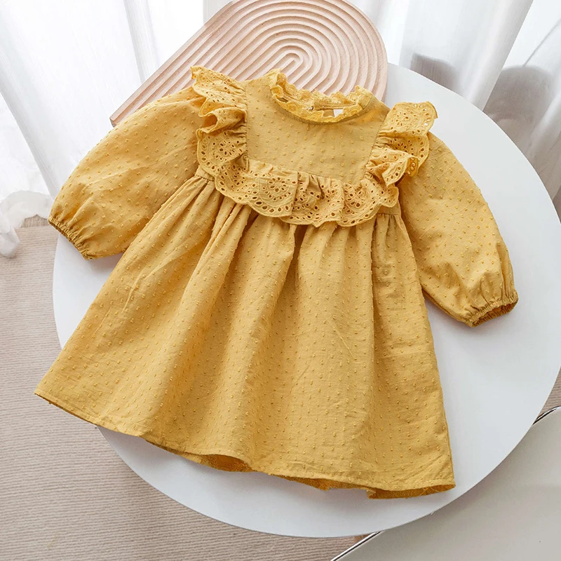 

Autumn Girl Clothes Solid Cotton Lace Ruffles Long Sleeve Princess Dress Kids Fashion Sweet Soft Outing Casual Dress Party Dress