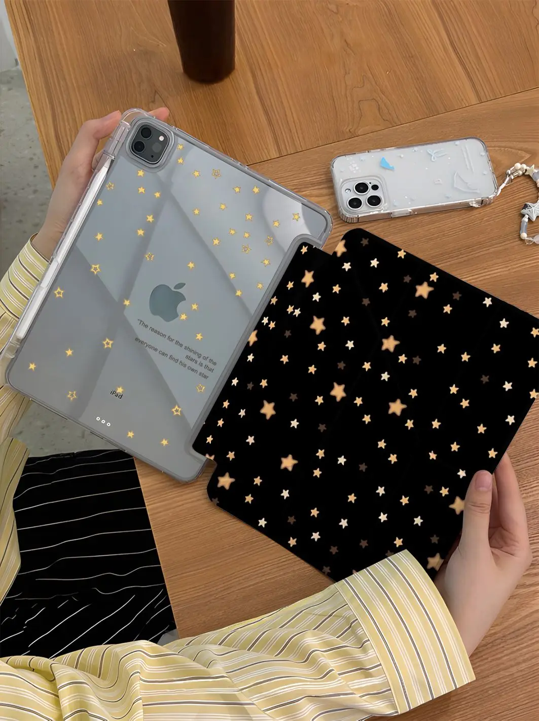 Black Yellow Stars iPad Case For iPad Pro 11 13in 2025 iPad Pro 12.9in Air7 10th 11th M4/5 3+y Fold Anti-fall Protective Cover