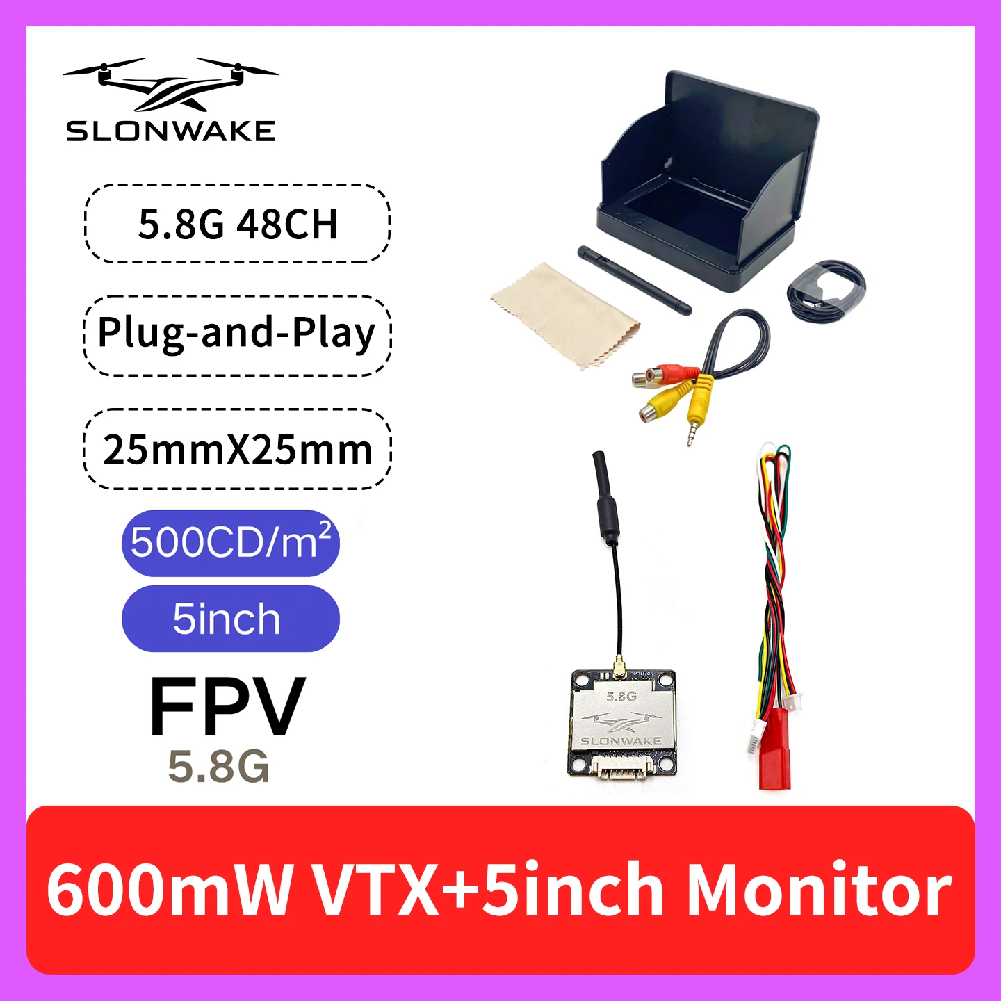 SLONWAKE 5.8G 48CH FPV 600mw VTX and 5inch Monitor for Racing Drones, RC Cars and Model Aircraft Fixed-Wing Dro