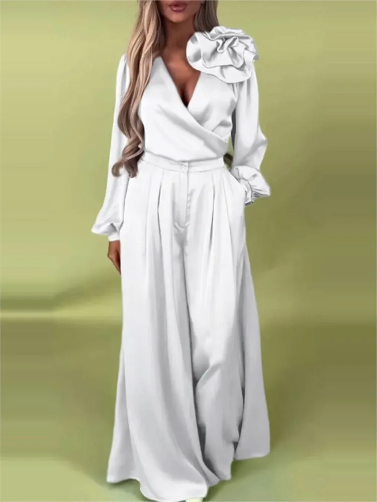 Camicia a maniche lunghe in raso tinta unita moda donna 2 pezzi primavera autunno nuovi pantaloni larghi larghi casual tasca set da ufficio femminile