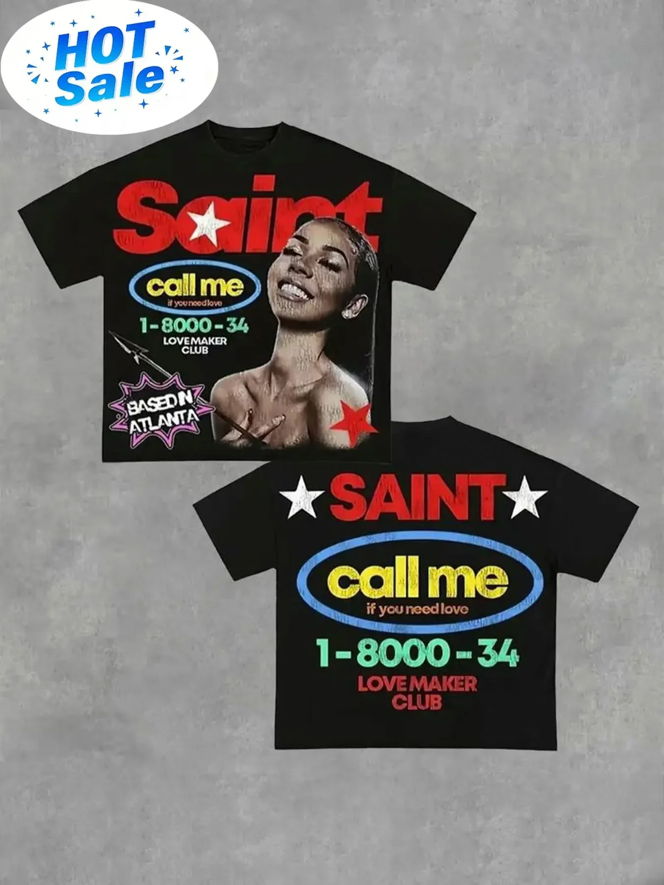 SAINT Men's 'Call Me 1-8000-34' Love Maker Club Phone Number T-Shirt - Red Text & Star Print, Loose Fit Crew Neck Short Sleeve S