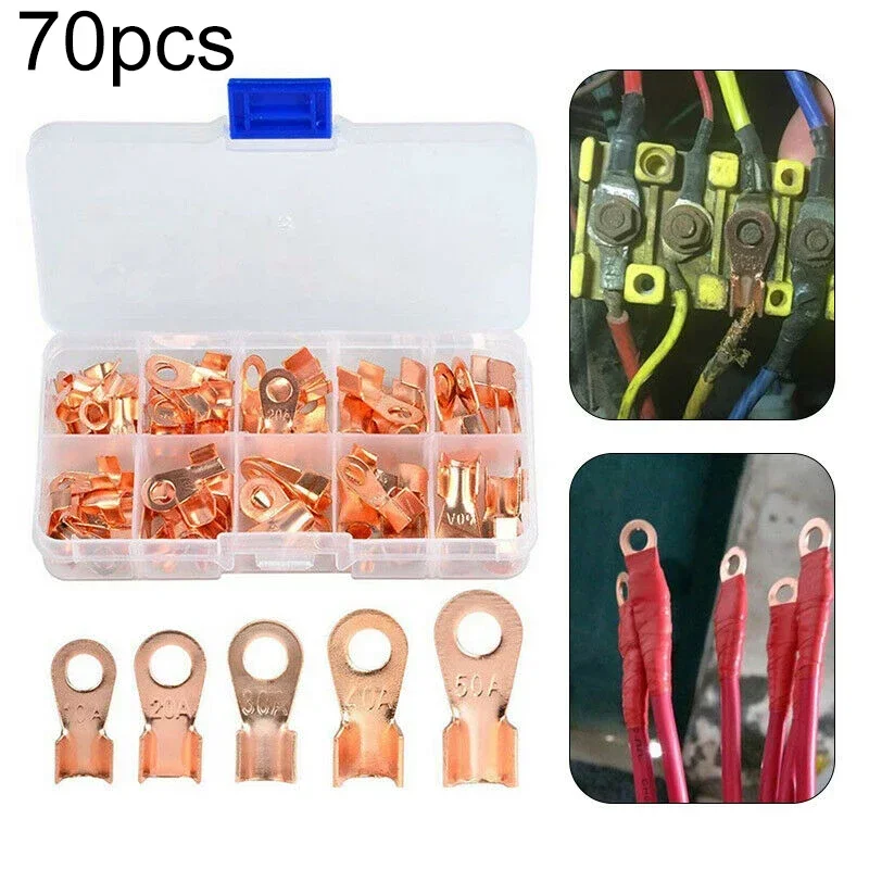 70pcs Copper Tube Terminals Battery Welding Cable Lug Ring Crimp Connectors Kit Open Barrel Copper Ring Lug Terminals