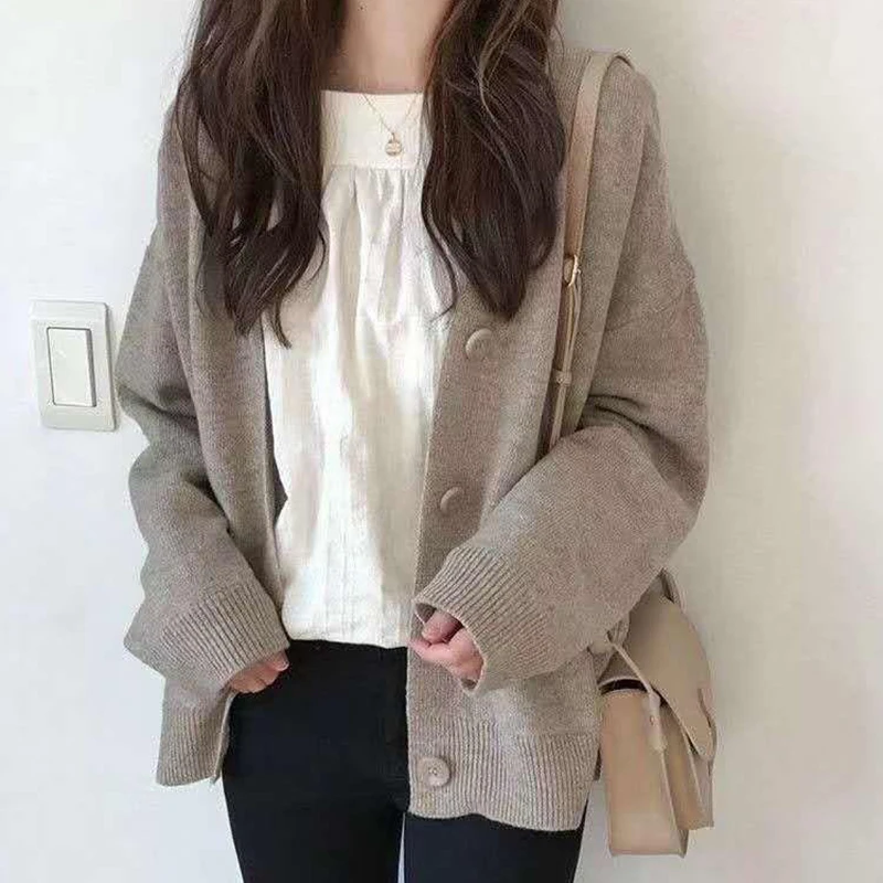 

Korean Solid Color Knitted Cardigans Women Simple Single Breasted Long Sleeve Sweater Coats Woman Loose All Match Cardigan Mujer