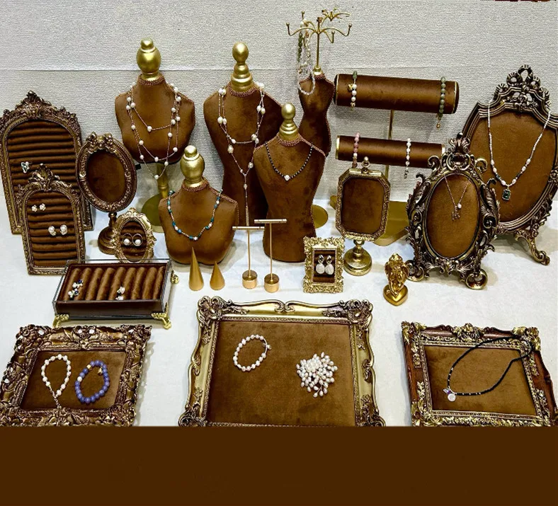 

Темный кофейный набор, стеллаж для демонстрации ювелирных изделий для колец и ожерелья, фон для фотосъемки ювелирных изделий, реквизит, серьги, браслет, лоток для хранения