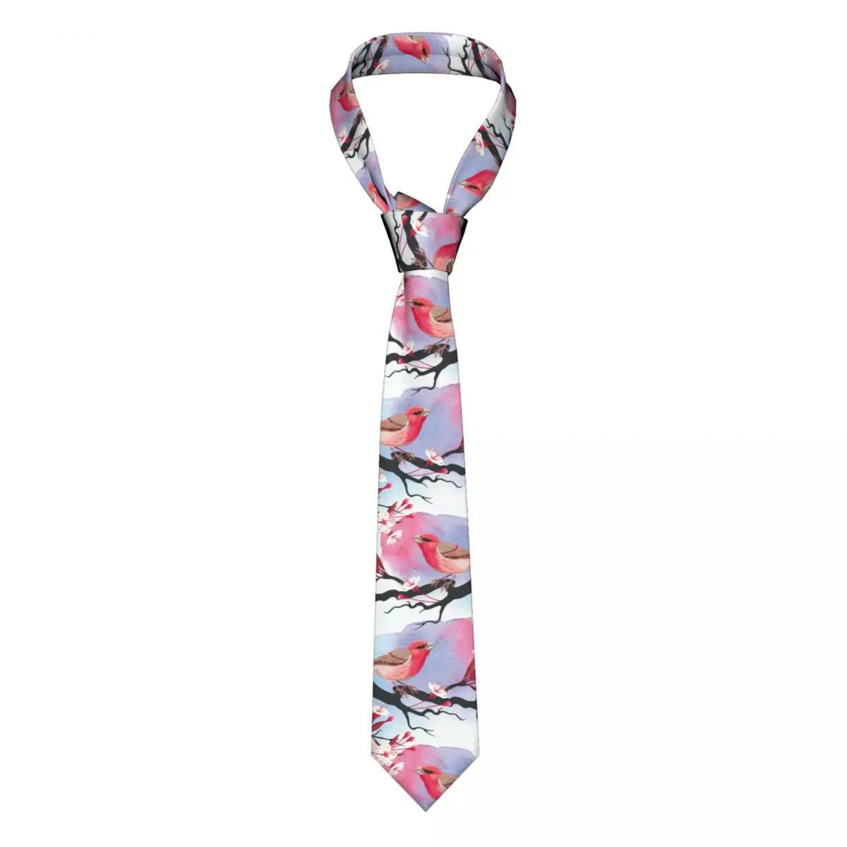 Pink Bird On Cherry Branch Necktie Men Casual Polyester 8 cm Narrow Watercolor Flowers Neck Tie for Mens Daily Wear Gravatas