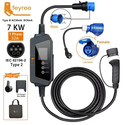 Портативное зарядное устройство Feyree Smart для электромобилей, кабель Type2, 32А, 7 кВт, быстрая зарядка с регулировкой тока и настройкой времени зарядки