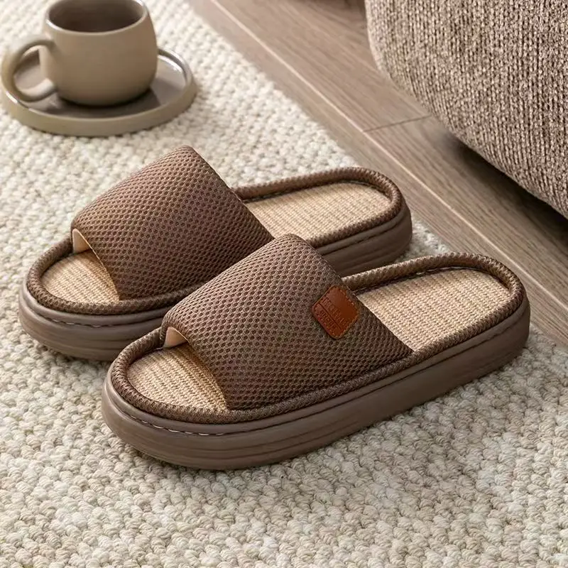 Men Thick Sole One Word Big Size Linen Slippers Four Seasons New Lightweight Breathable Non Slip Home Slippers Floor Slippers