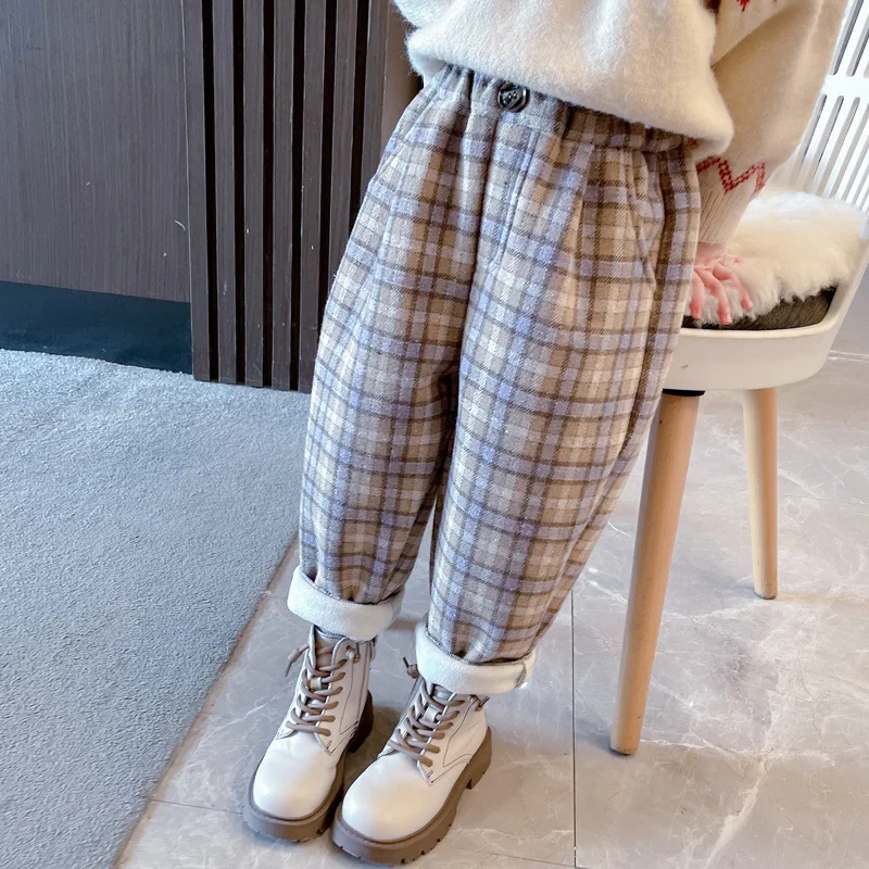 Girls with Fleece Casual Pants Autumn and winter Integrated Fleece Plaid Pants for Girls Baby Thick Pants