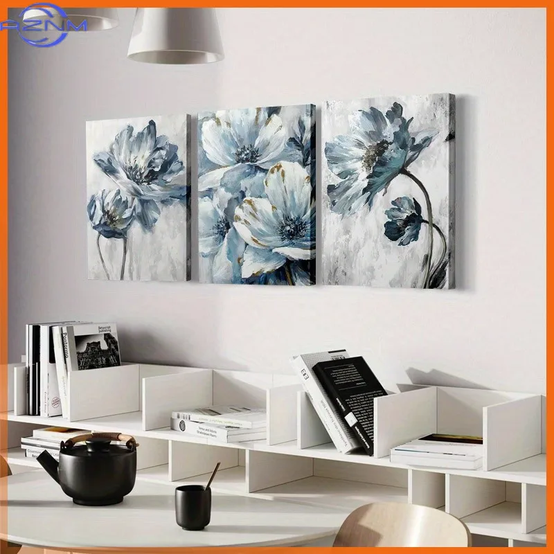 3PCS 2D Decorative painting - Canvas painting - Abstract blue flowers on canvas art - cheap room decor - kitchen decor - picture