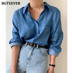 BGTEEVER Elegant Turn-down Collar Ladies Cotton Shirts Tops Summer Autumn Long Sleeve Loose Pocket Women Blouses