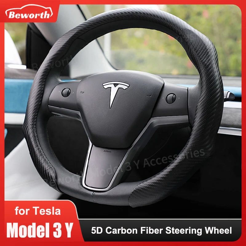 

5D Carbon Fiber Steering Wheel Cover for Tesla Model 3/Y/S/X Sport Booster for All Seasons Ultra-thin Non-slip Car Accessories