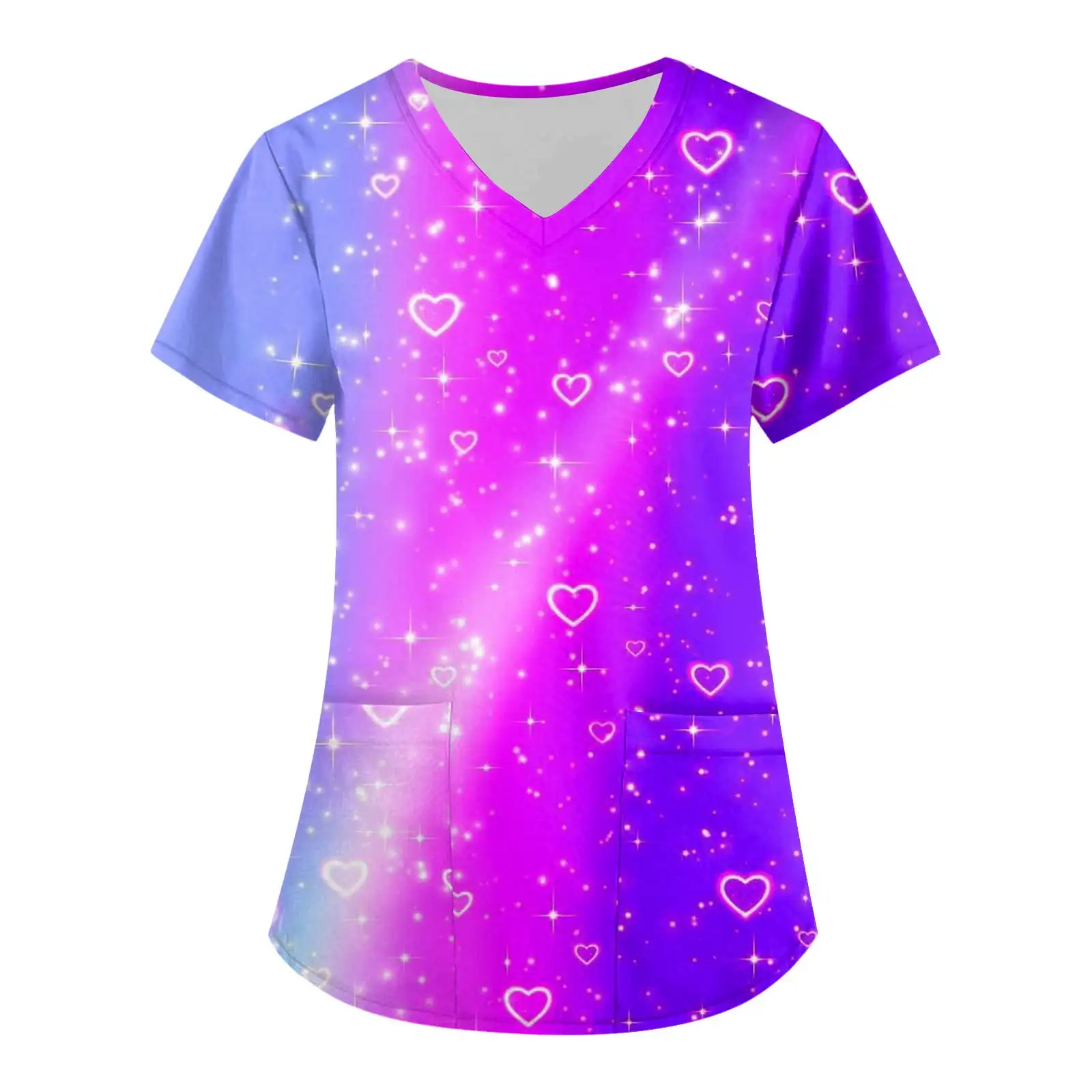 Surgical Uniforms Woman Fashion Heart Print Dental Medico V-Neck Short Sleeve Double Pocket Top Medical Pet  Uniform for Women