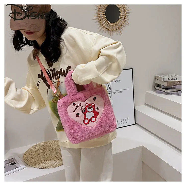 Disney Strawberry Bear New Women's Crossbody Bag Fashion Large Capacity Plush Shoulder Bag High Quality Cartoon Cute Handbag