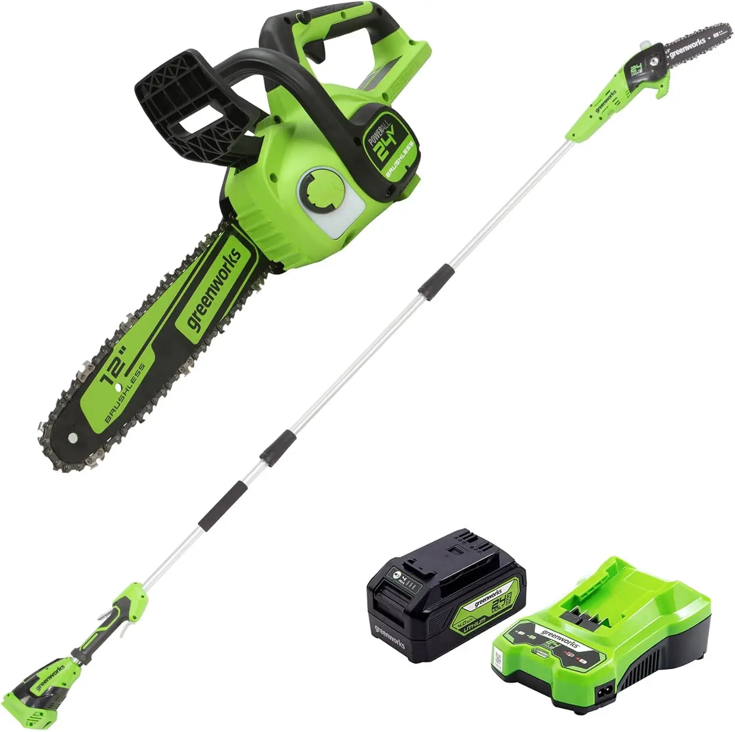 

24V 12" Brushless Chainsaw, 24v New polesaw, 4Ah USB Battery and Charger Included