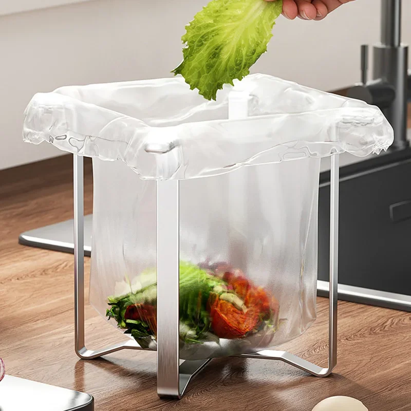 Trash Bag Holder Foldable Supermarket Shopping Bags Support Rack Stainless Steel Kitchen Countertop Garbage Bag Stand &Organizer