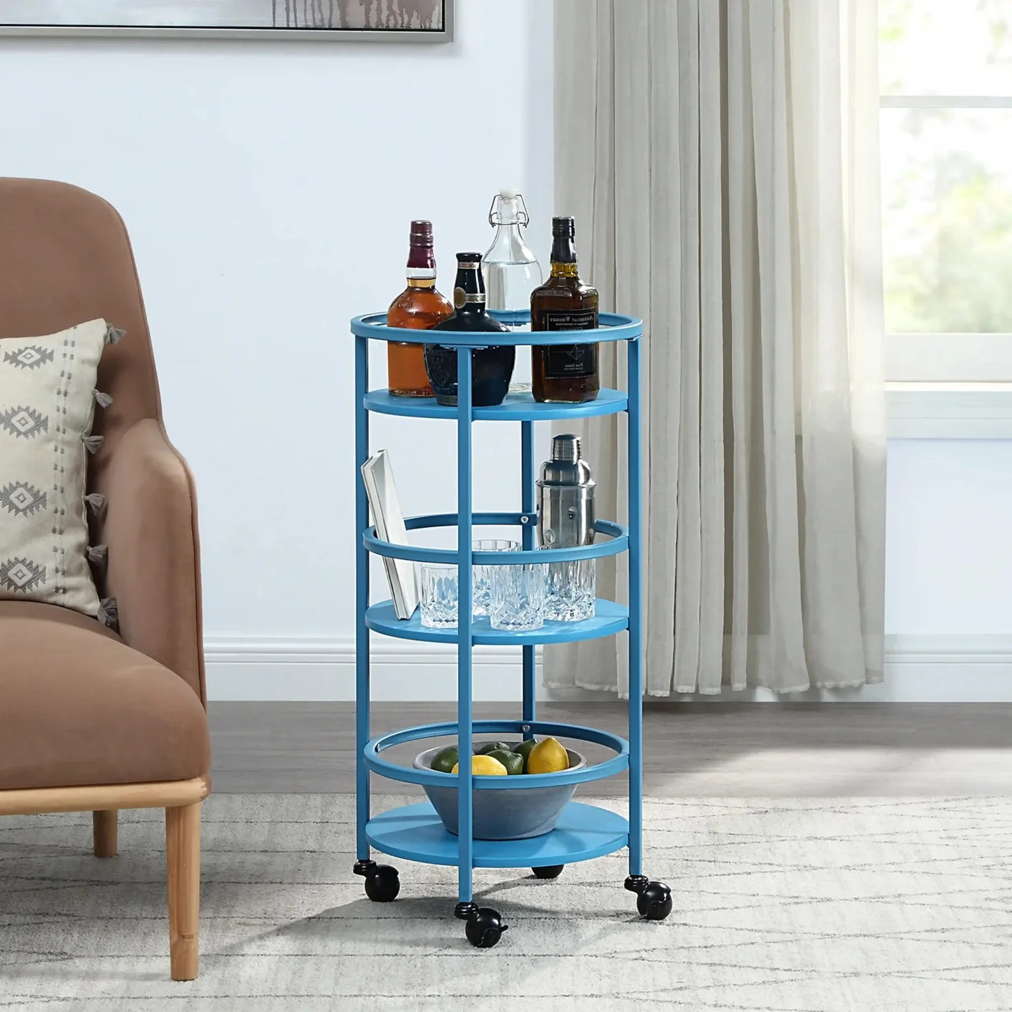 

Three-Tier Rolling Round Kitchen Bar Storage Cart in Blue with Three Round Shelves with Guardrails