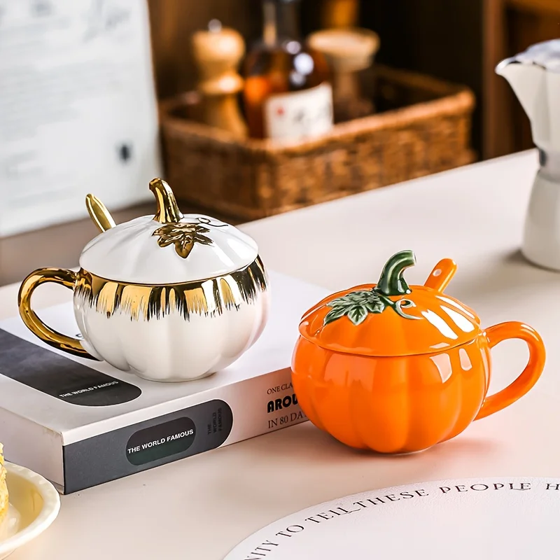 1 Pcs Halloween Gift Cute Ceramic Pumpkin Mug With Lid And Spoon Espresso Latte Americano Italian Coffee Glass Afternoon Teacup
