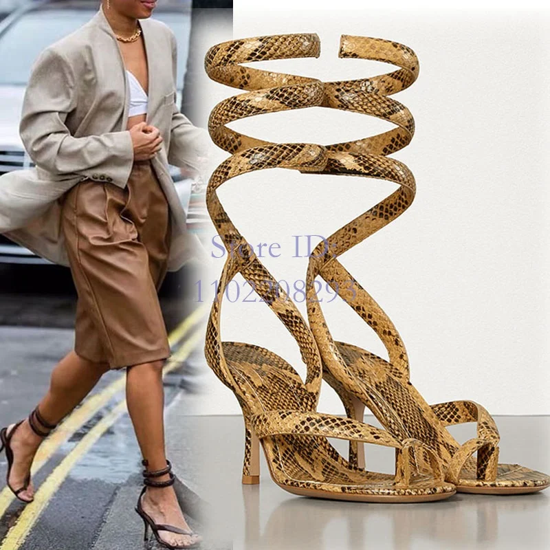 Snake Skim Thin Heel Sandals Winding Round Toe Back Strap 2024 Spring Summer New Arrival Women Gladiator Shoes Flip Flop Shoes