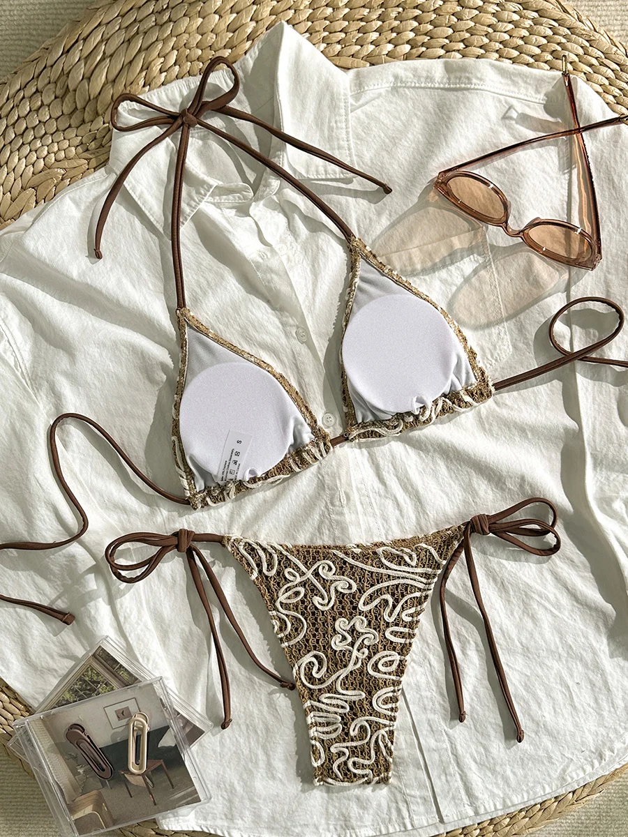2026 Mesh Embroidery Halter Bikini Women Swimwear Female Swimsuit Two-Pieces Bikini Set Brazilian Bather Bathing Suit Swim Lady