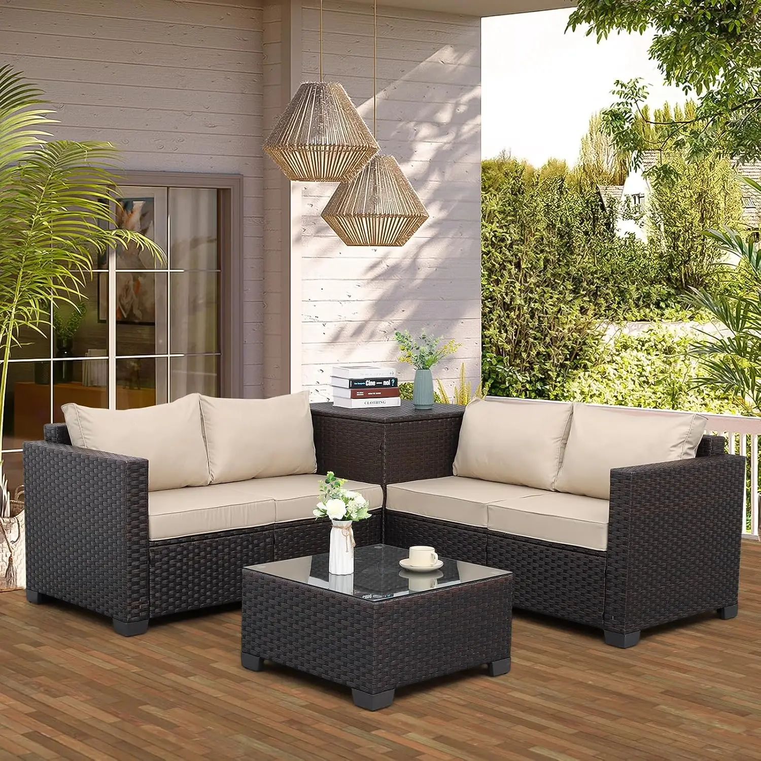 Patio Furniture Set 4 Piece Conversation Sets Brown Rattan Outdoor Couch Loveseat Wicker Sectional Sofa with Storage Box Glass T