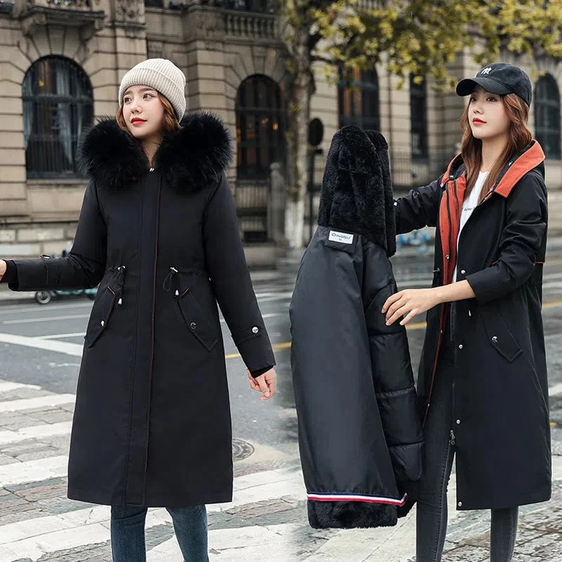 Parkas largas con forro de piel extraíble para mujer, abrigo informal con capucha, chaqueta gruesa de algodón, ropa de abrigo cálida, novedad de 2022