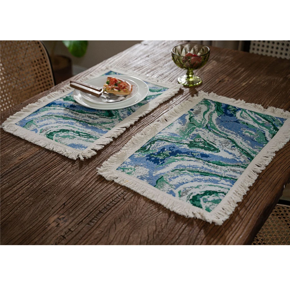 Jacquard Placemats with Tassel For Table Retro America Style Dining Table Mat Cotton Linen Pad Coaster Party Wedding Table Decor