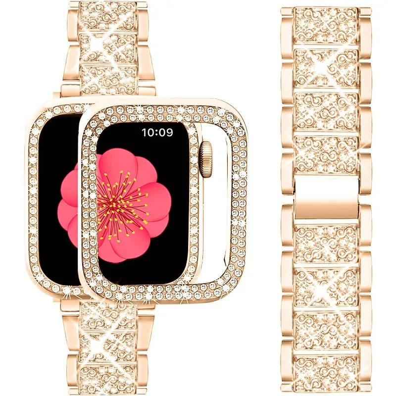 حافظة ماسية + حزام من الفولاذ المقاوم للصدأ لساعة أبل 40 ملم 41 ملم 44 ملم 45 ملم سوار معدني لسلسلة iWatch 9 8 7 6 5 4 SE