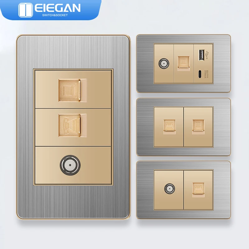 

ELEGAN Stainless Panel Gold Brazil Standard Series Combination Socket Switch Universal Wall Computer TEL TV Socket 118mm*74mm