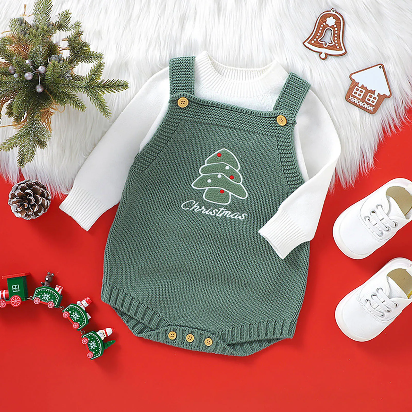 Christmas Baby Boy Girl Romper Newborn Infant Sleeveless Tree Santa Embroidery Knit Overall Jumpsuit Kids Xmas Costumes 0-24M