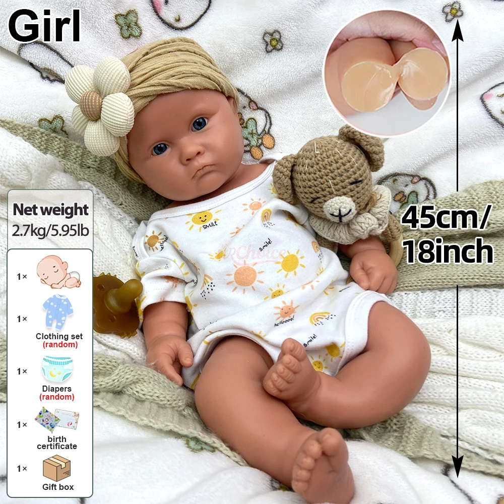 45cm Open Mouth Girl Lifelike Silicone Reborn Baby Girl Full Body Solid with Hand-Paint 3D Skin Anatomically Correct Doll
