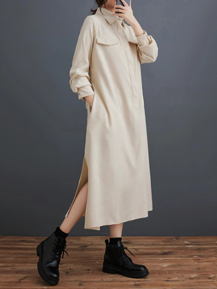 Solo albicocca Disponibile NYFS 2023 Autunno Inverno Nuova Corea Abiti da donna Abiti Robe Ete Femme Elbise Abito lungo in velluto a coste allentato