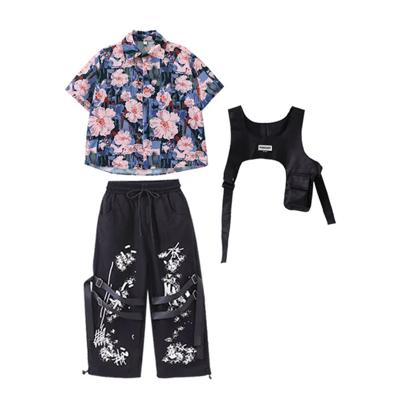 Kid Hip Hop Clothing Vintage Floral Shirt Vest Top Black Print Casual Straps Baggy Pants for Girl Boy Jazz Dance Costume Clothes