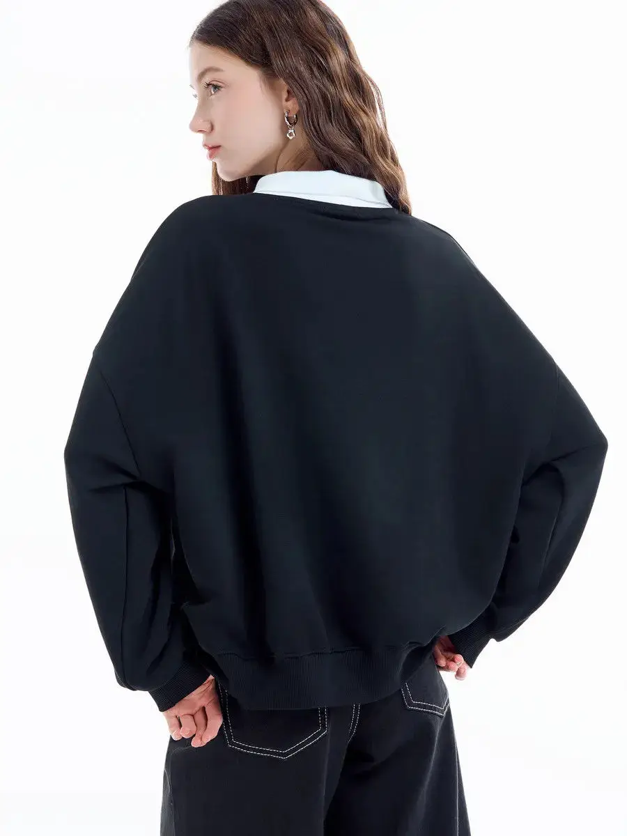 Preppy College Lady Crew Neck Lapel Sweatshirt Retro Badge Printed Long Sleeve Pullover Autumn Winter Loose Sport Preppy-style