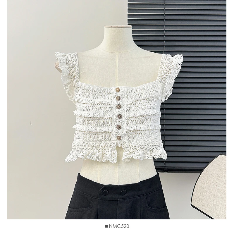 Lace Trim Crochet Top Women\'s Tank and Cami Square Neck Button Front Sheer Openwork Crop Cardigan Vest Summer Y2K 90s Outfit