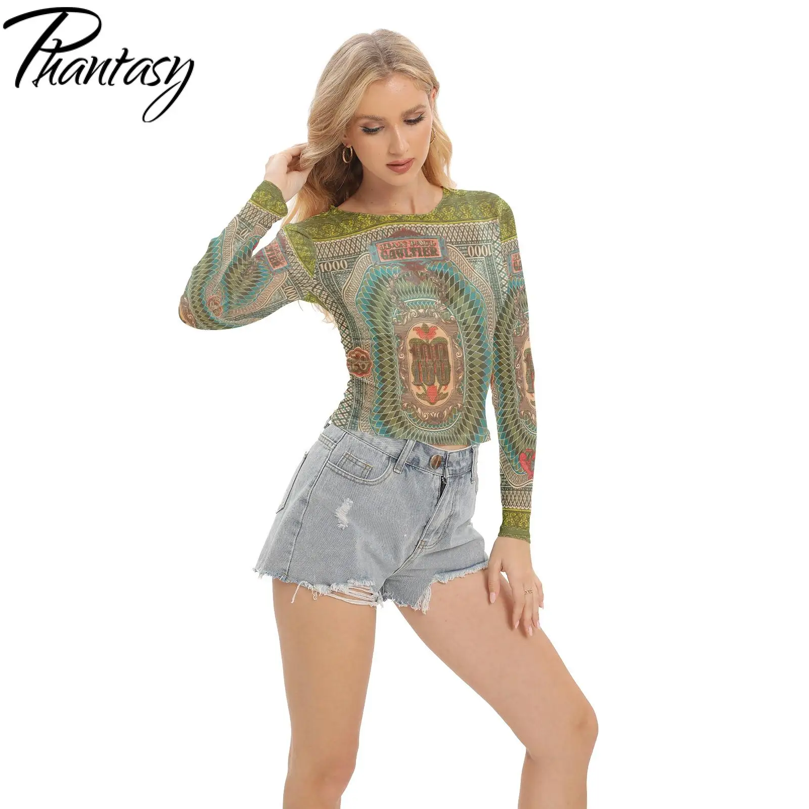 Phantasy Mesh Visible Shirt Women Long Sleeve T Shirt O Neck Vintage Top Fashion Streetwear Spring Breathable Casual Female Tees