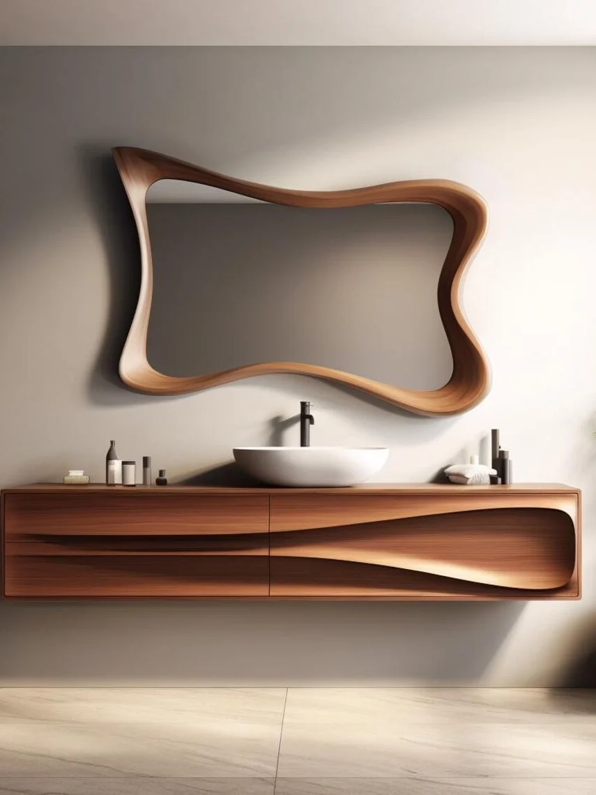 & French-style Vintage Wood Bathroom Mirror Irregular Wall-mounted Vanity Mirror LED Strip Light Anti-fogging Wabi-sabi Decor fo