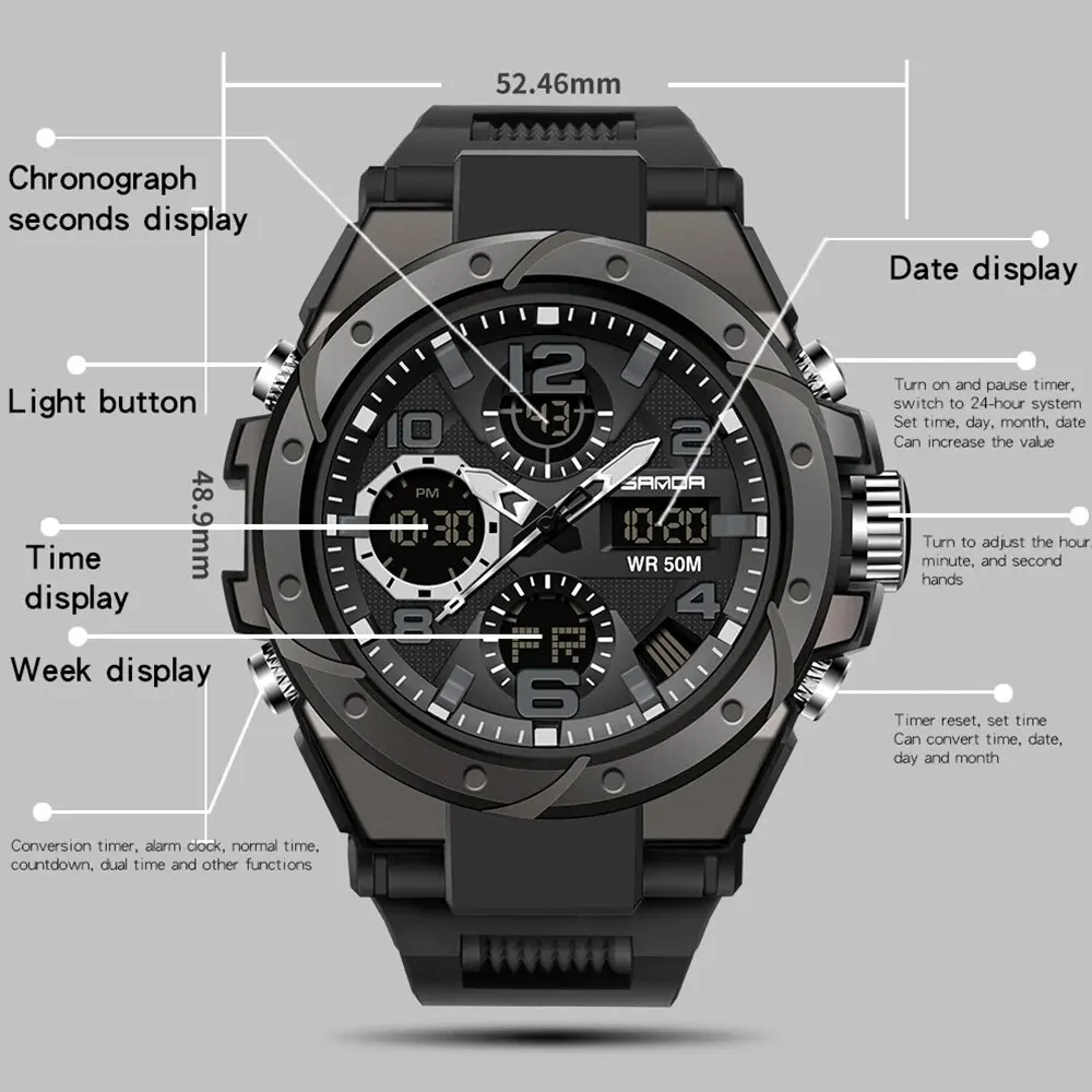 SANDA G Style Men Sports Watches Dual Display Digital LED Electronic Quartz Wristwatches Waterproof Swimming Military Watch